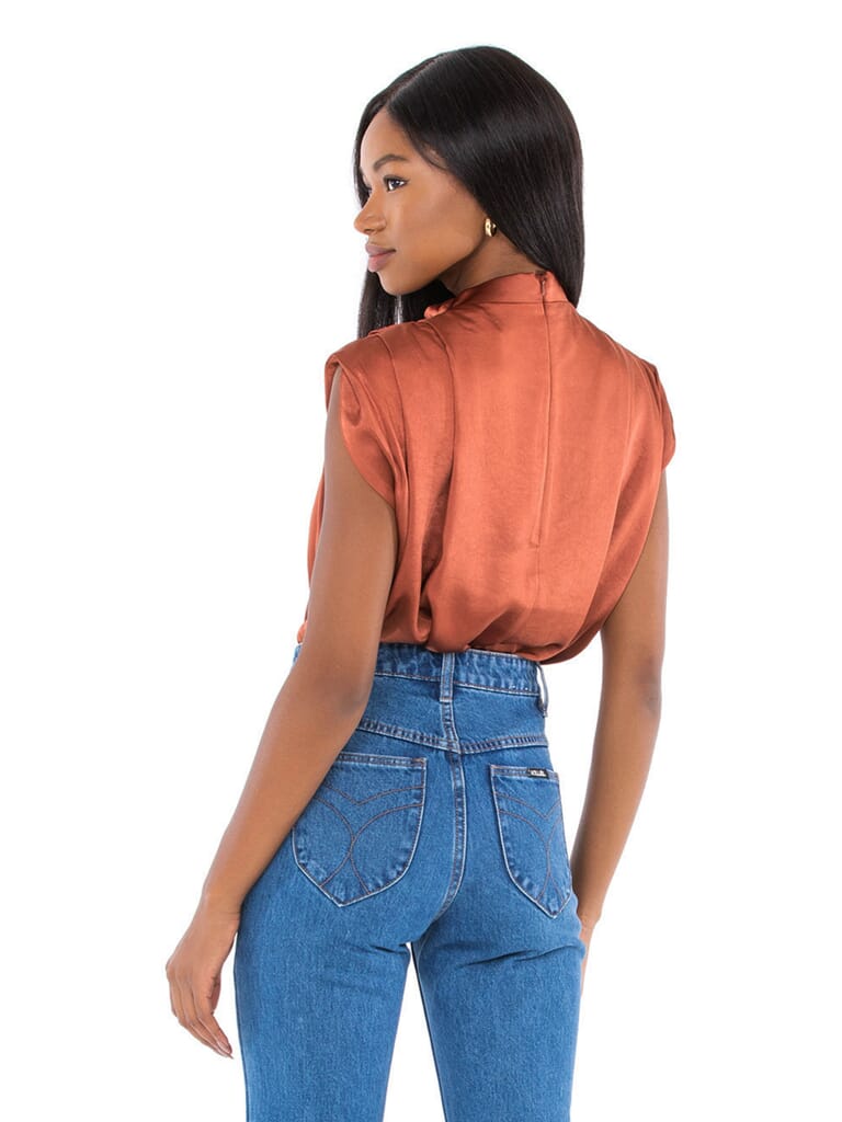 Line & Dot | Dolly Satin Mock Neck Blouse in Rust | FashionPass