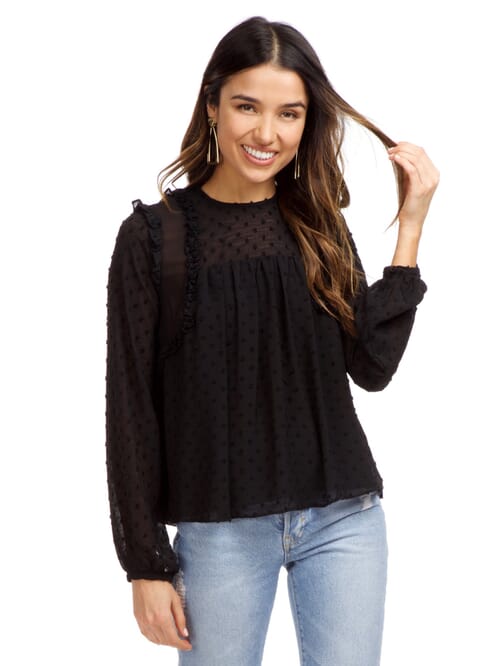 Strut & Bolt Dotted Ruffle Long Sleeve Top in Black FashionPass