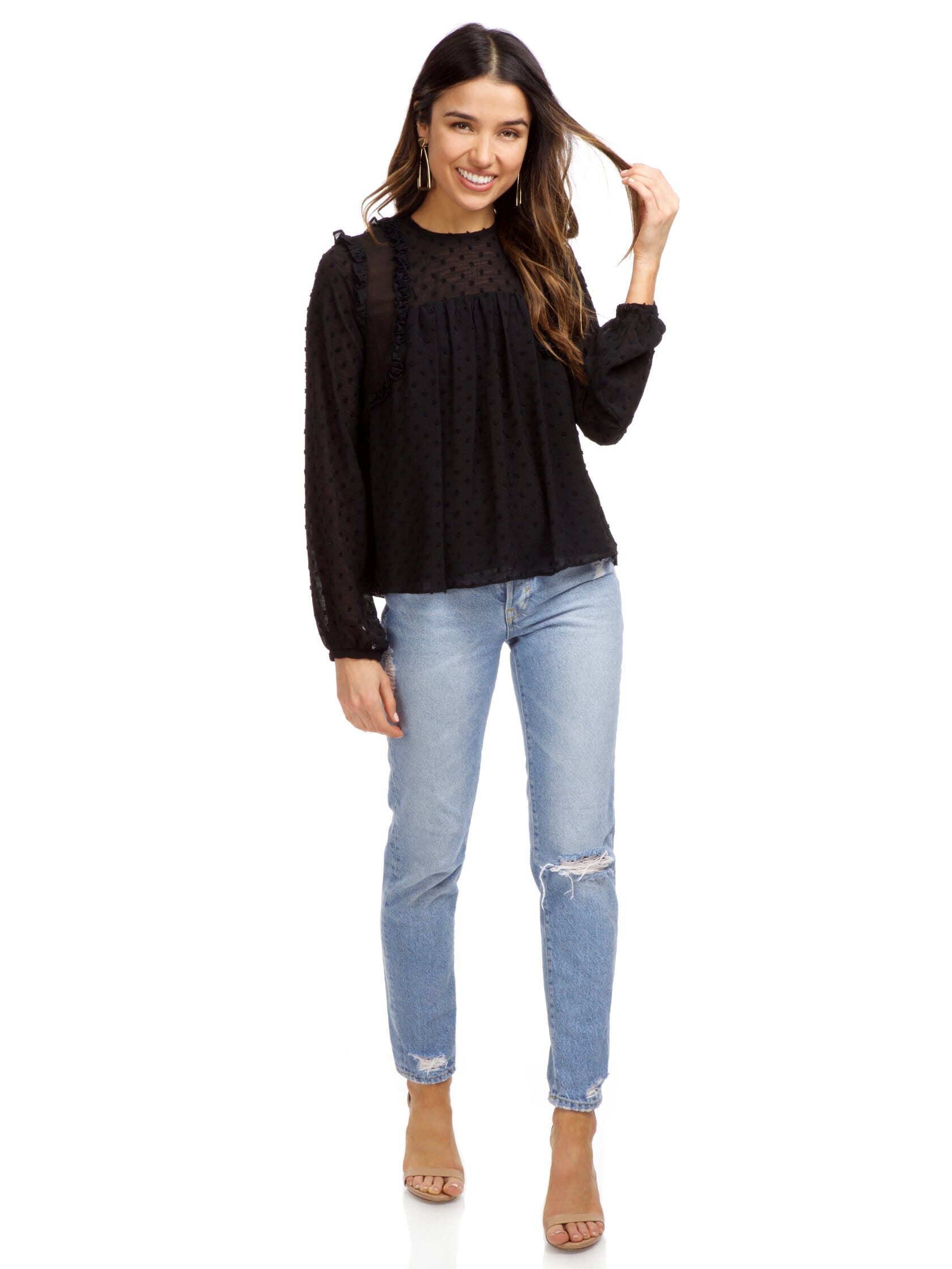 Strut & Bolt Dotted Ruffle Long Sleeve Top in Black FashionPass