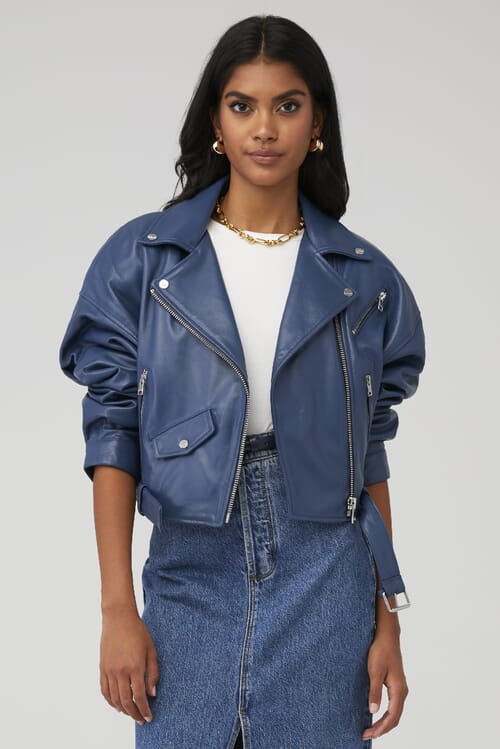 Midnight blue sale leather jacket