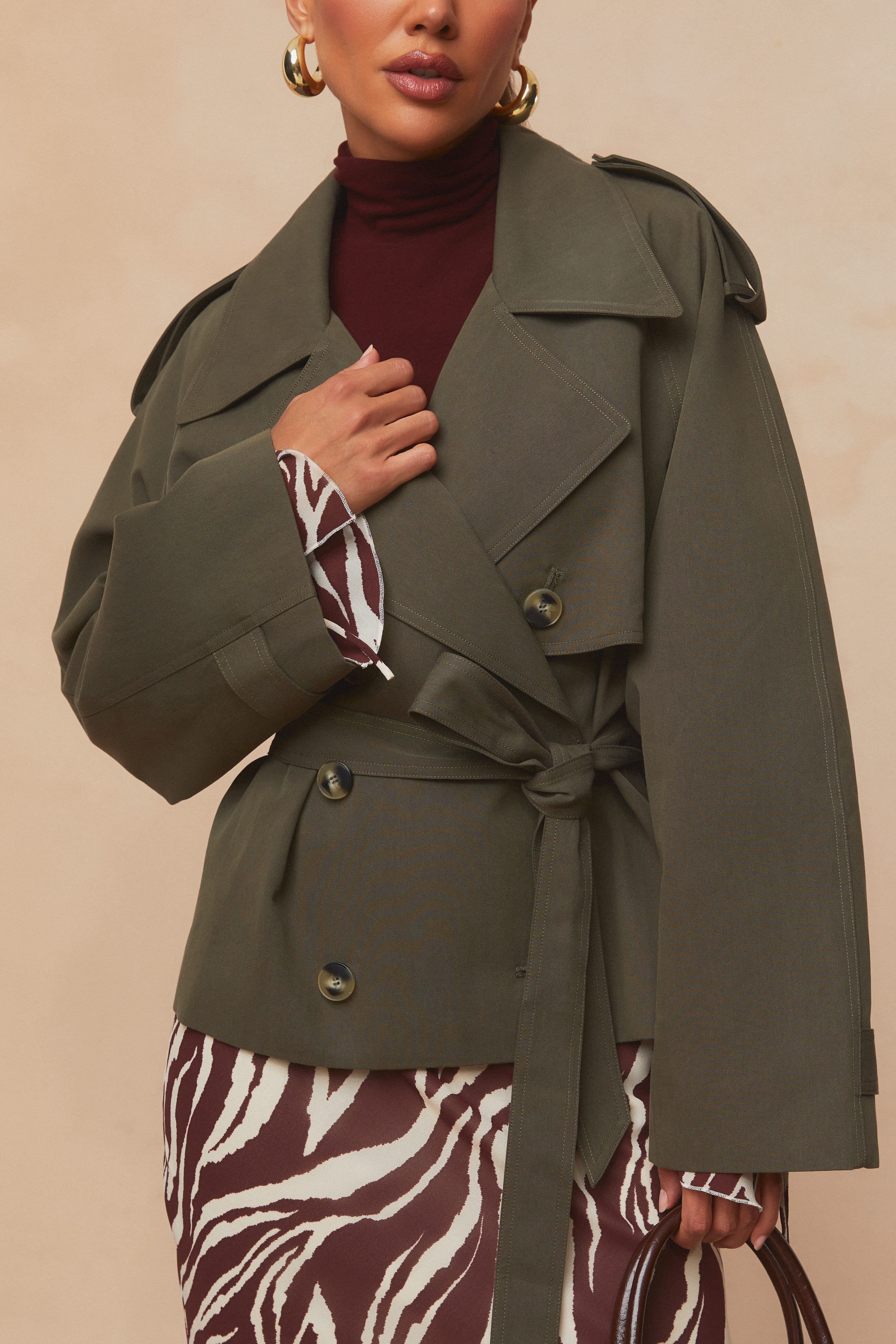 Elodie | Eleanor Cropped Trench Coat in Olive| FashionPass
