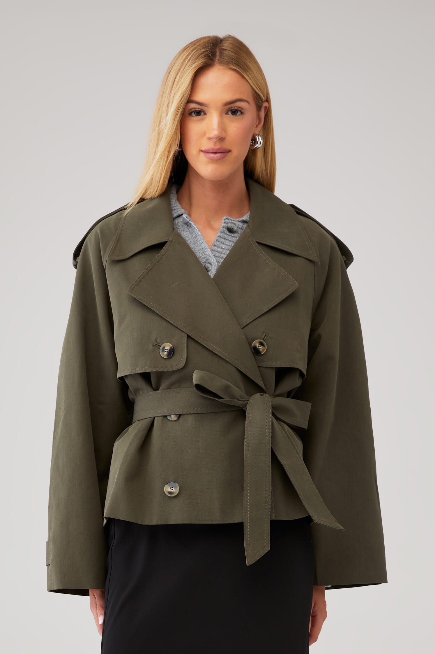 Elodie | Eleanor Cropped Trench Coat in Olive| FashionPass