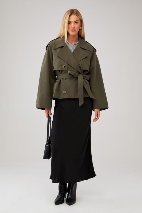 Elodie | Eleanor Cropped Trench Coat in Olive| FashionPass