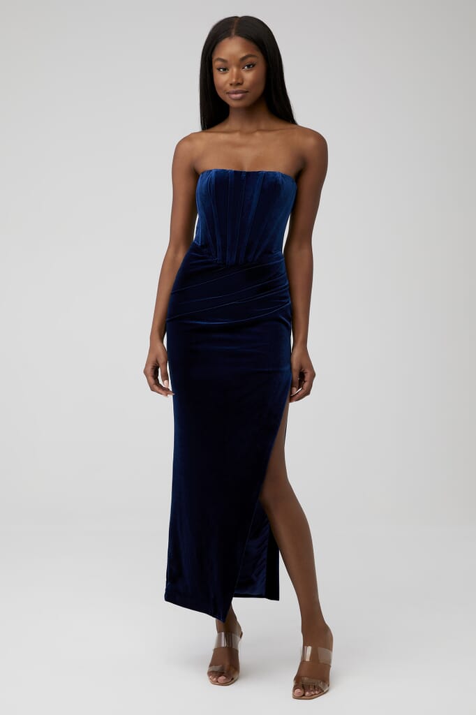 navy velvet midi dress