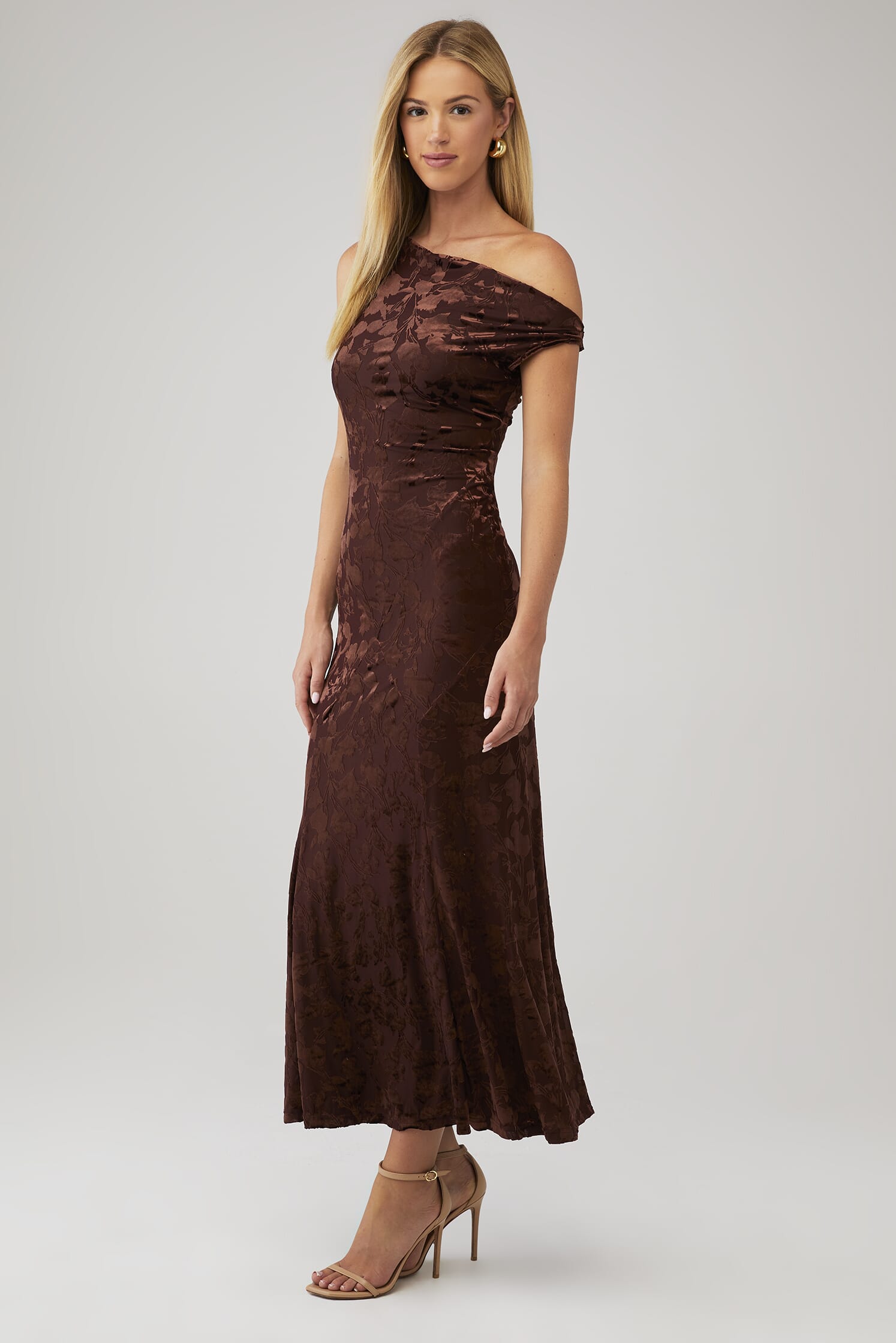 Rare London | Fallen Shoulder Burnout Maxi Dress in Brown| FashionPass