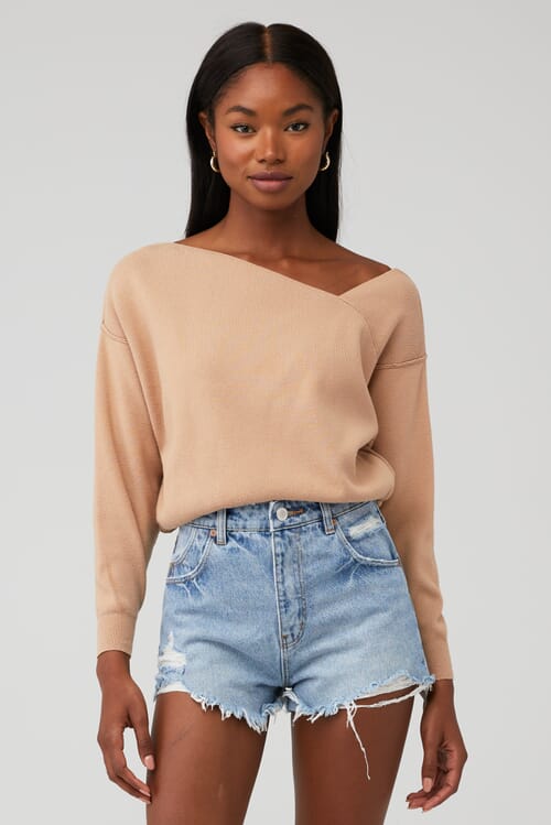 Line Dot Blair Off Shoulder Sweater in Sand FashionPass