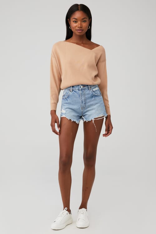 Line Dot Favorite Off Shoulder Sweater in Taupe FashionPass