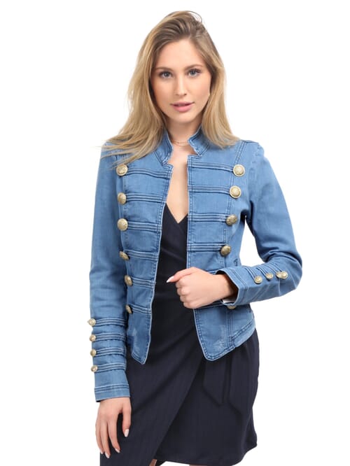 Free People Fitted Military Denim Jacket in Indigo Blue FashionPass