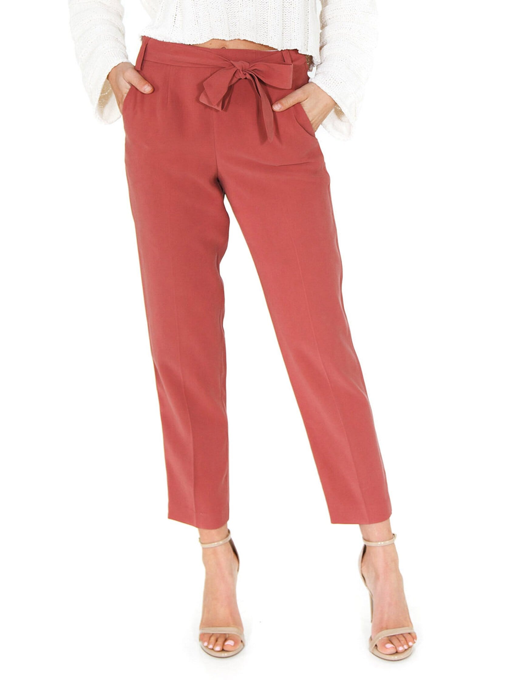 1.STATE | Flat Front Tie Waist Slim Pants in Terra Earth | FashionPass