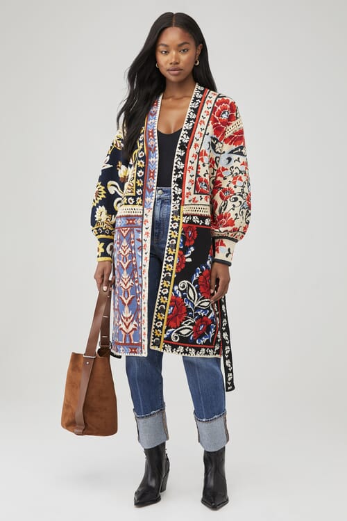 FARM RIO | Flower Print Patchwork Knit Midi Cardigan in Flower