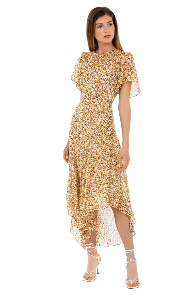 ASTR Flutter Sleeve Maxi Dress in Mustard Multi Ditsy FashionPass