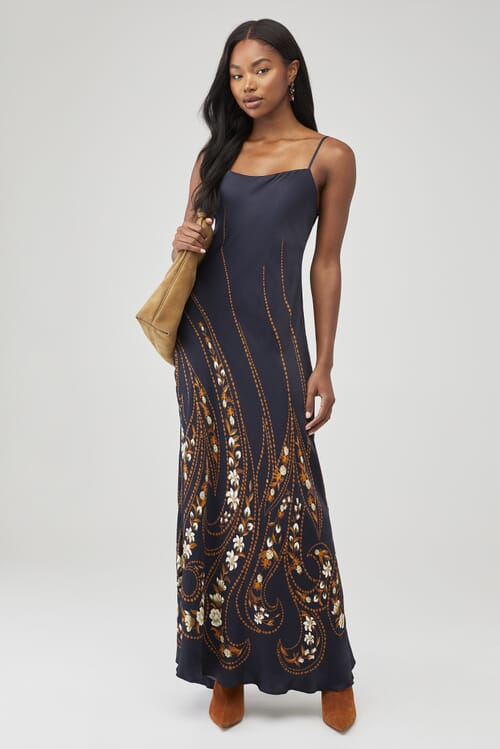 FARM RIO | Garden Silhouette Black Slip Midi Dress in Garden