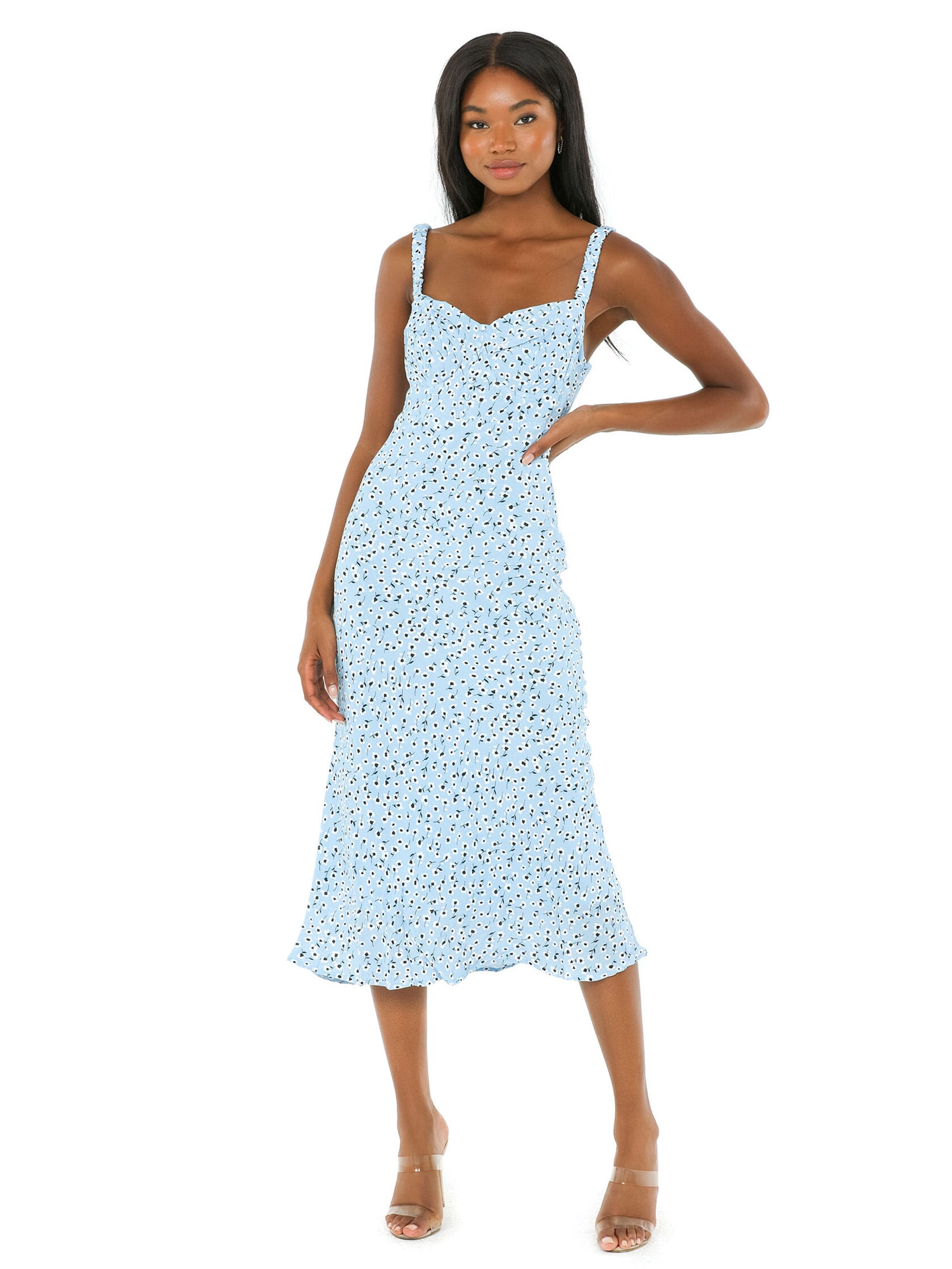 ASTR | Halle Bustier Slip Midi Dress in Blue Floral| FashionPass