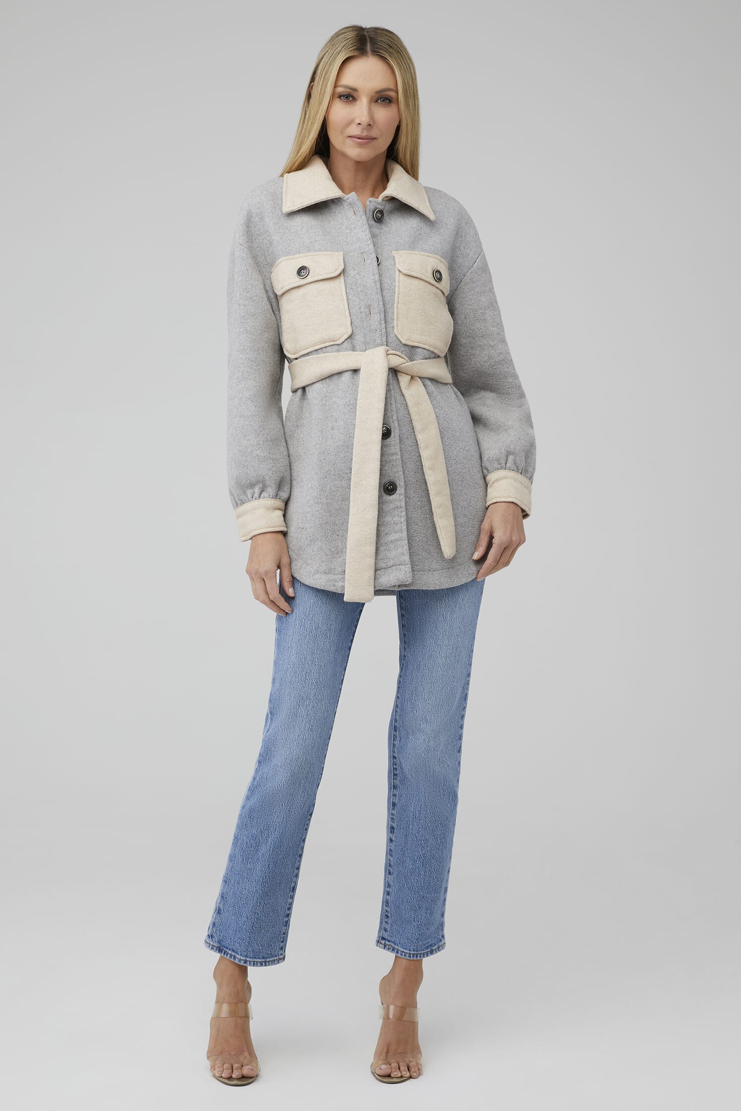 Line & Dot, Harrison Belted Jacket in Heather Grey