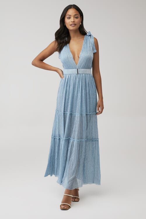 ロイヤルライトサテントップス Sabina Musayev Emmeline V-Neck Pleated Lurex Maxi Dress