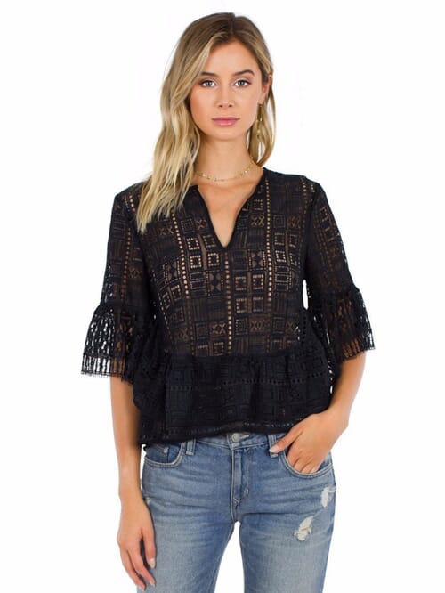 BCBGMAXAZRIA Immane Ruffled Lace Top in Black FashionPass