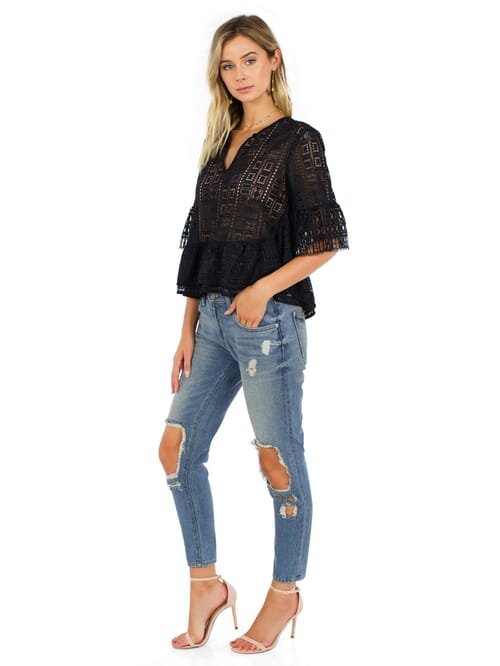 BCBGMAXAZRIA Immane Ruffled Lace Top in Black FashionPass