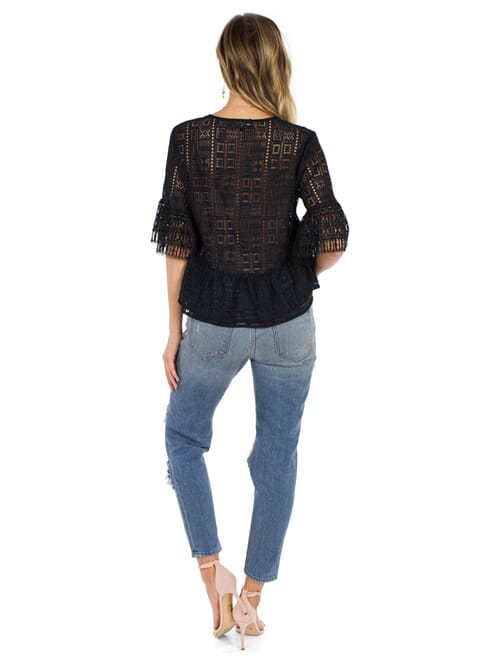 BCBGMAXAZRIA Immane Ruffled Lace Top in Black FashionPass