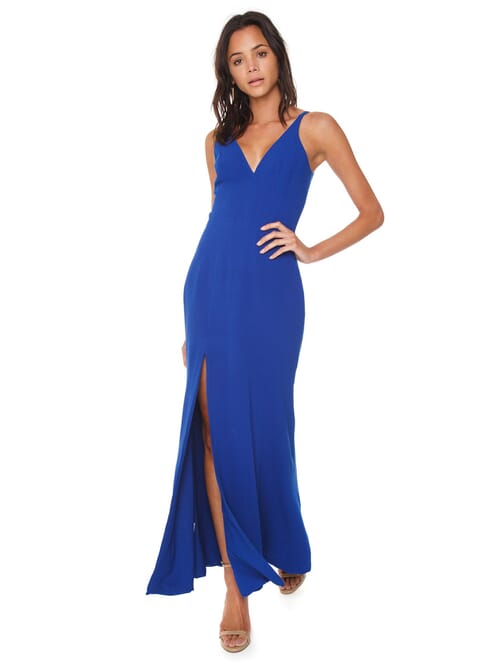 Dress the Population | Iris Crepe Side Slit Gown in Cobalt | FashionPass