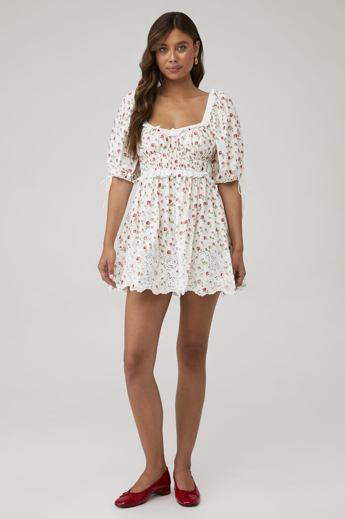 For Love & Lemons | Jackson Mini Dress in White Floral| FashionPass For Love & Lemons | Jackson Mini Dress in White Floral| FashionPass