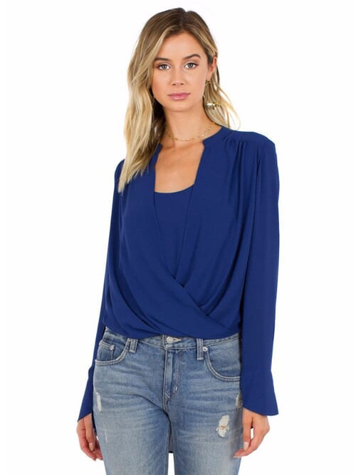 BCBGMAXAZRIA Jaklyn Draped Front Blouse in Blue FashionPass