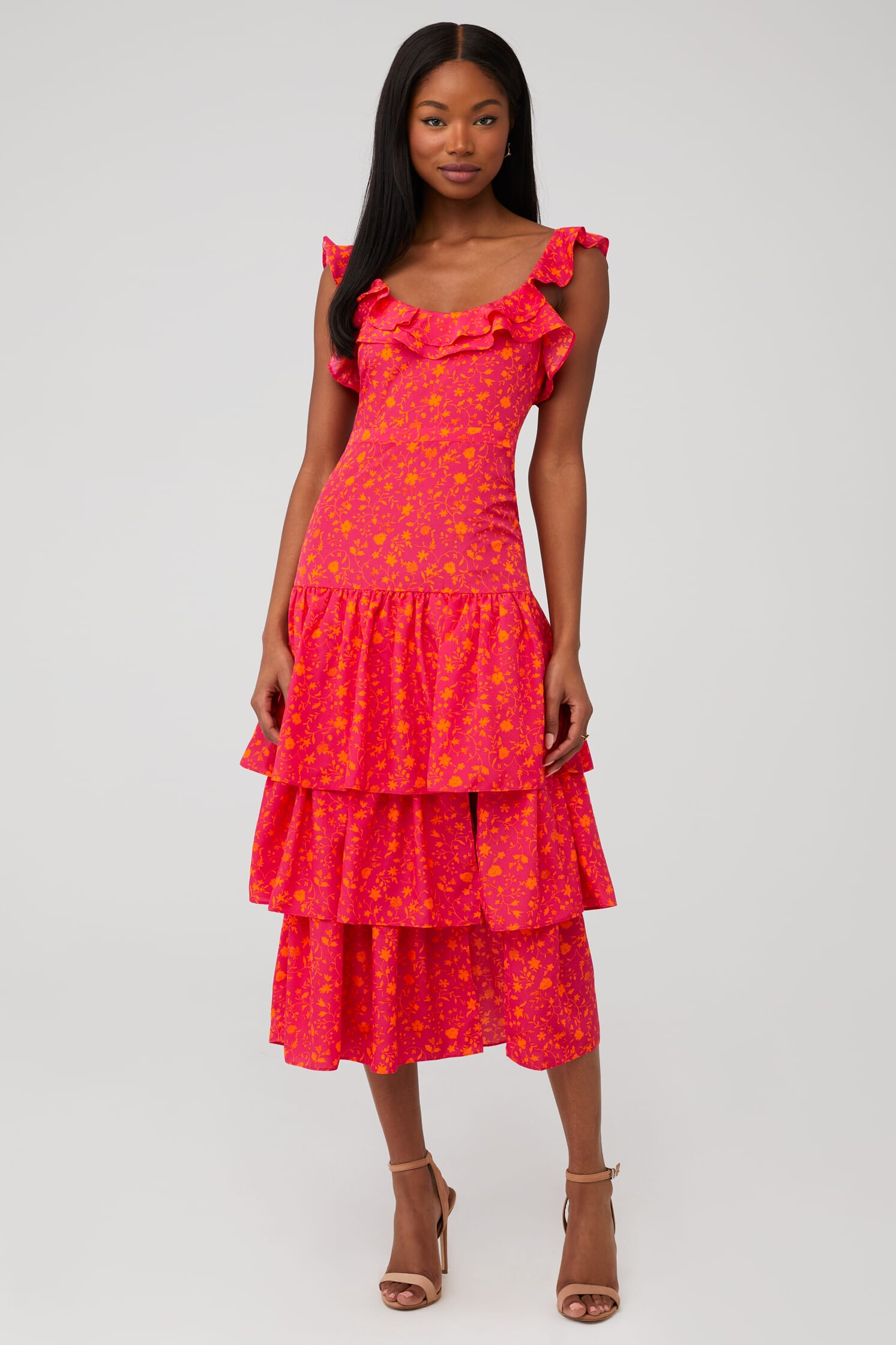 LIKELY | Janie Midi Dress in Fuscia Orange Multi| FashionPass