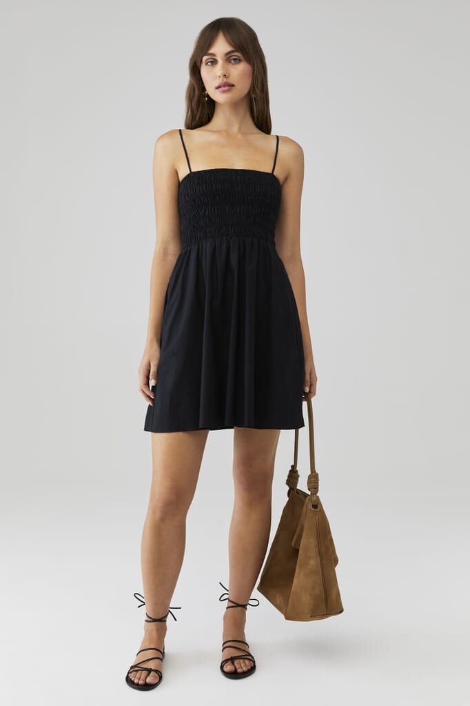 with jean black mini dress Black Strapless Ruffle Asymmetrical Midi Dress main image 0