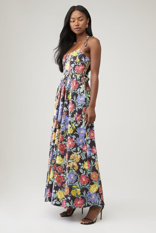 Show Me Your Mumu | Juliet Maxi Dress in Charm Peony Black Taffeta