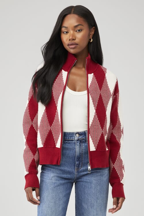 (取寄) バーリー レディース カリナ ジャカード ニット ジャケット Varley women Karina Jacquard Knit Jacket Red Dahlia Varley | Karina Jacquard Knit Jacket in Red Dahlia| FashionPass