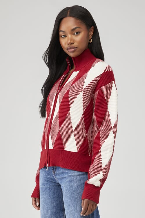 Varley | Karina Jacquard Knit Jacket in Red Dahlia| FashionPass