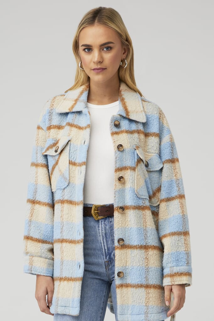 Line & Dot | Kenzie Plaid Coat in Blue/Beige| FashionPass