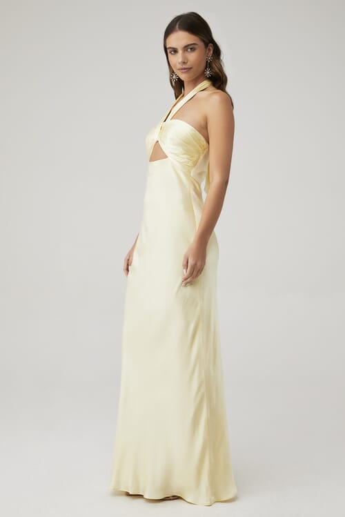 Shona Joy | La Lune Ruched Halter Maxi Dress in Lemon