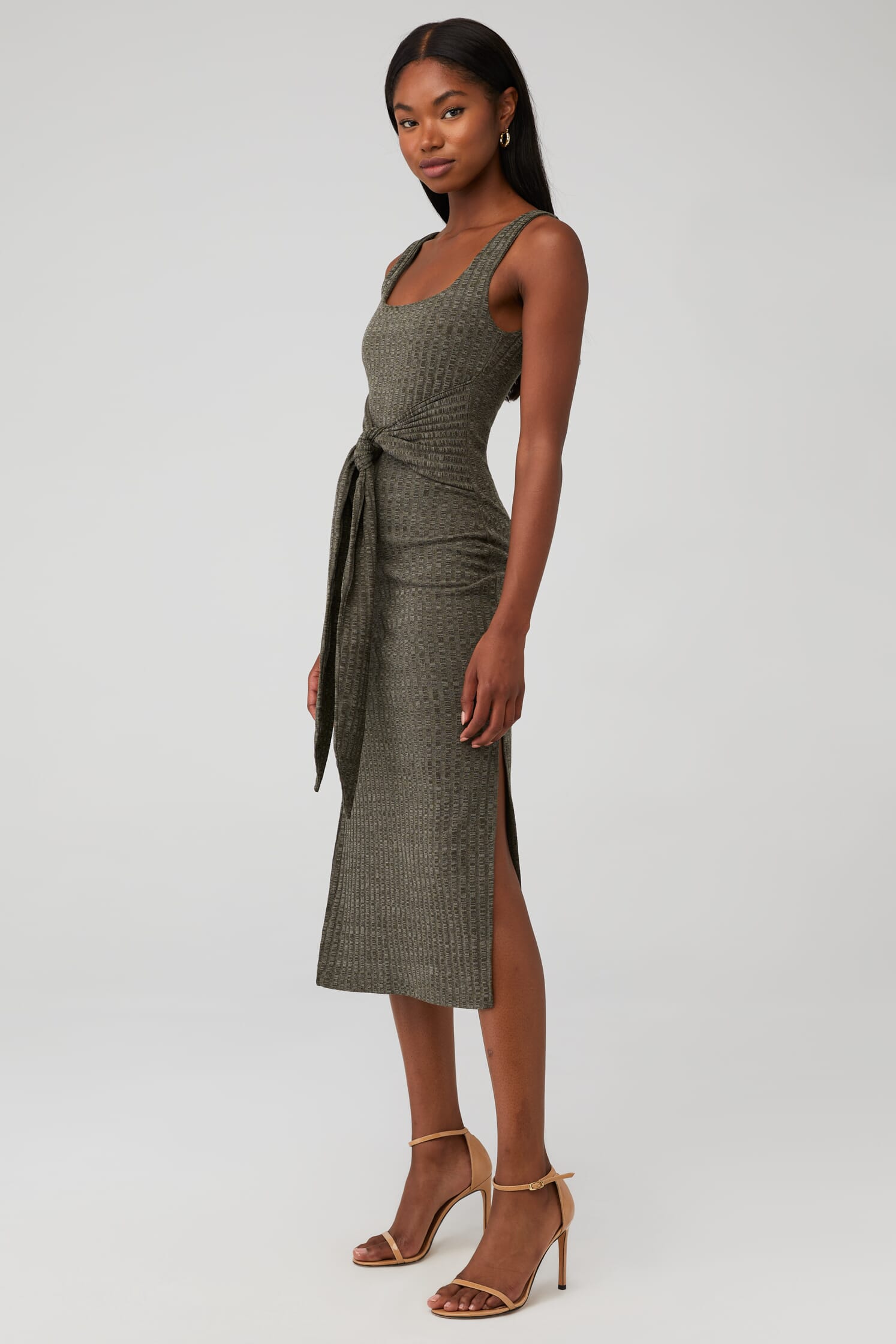 MINKPINK | Laleh Waist Tie Midi Dress in Khaki Marle| FashionPass
