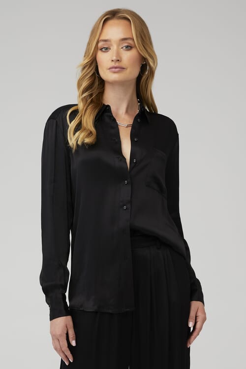 Good American | Cropped Satin Shirt in Black001| FashionPass