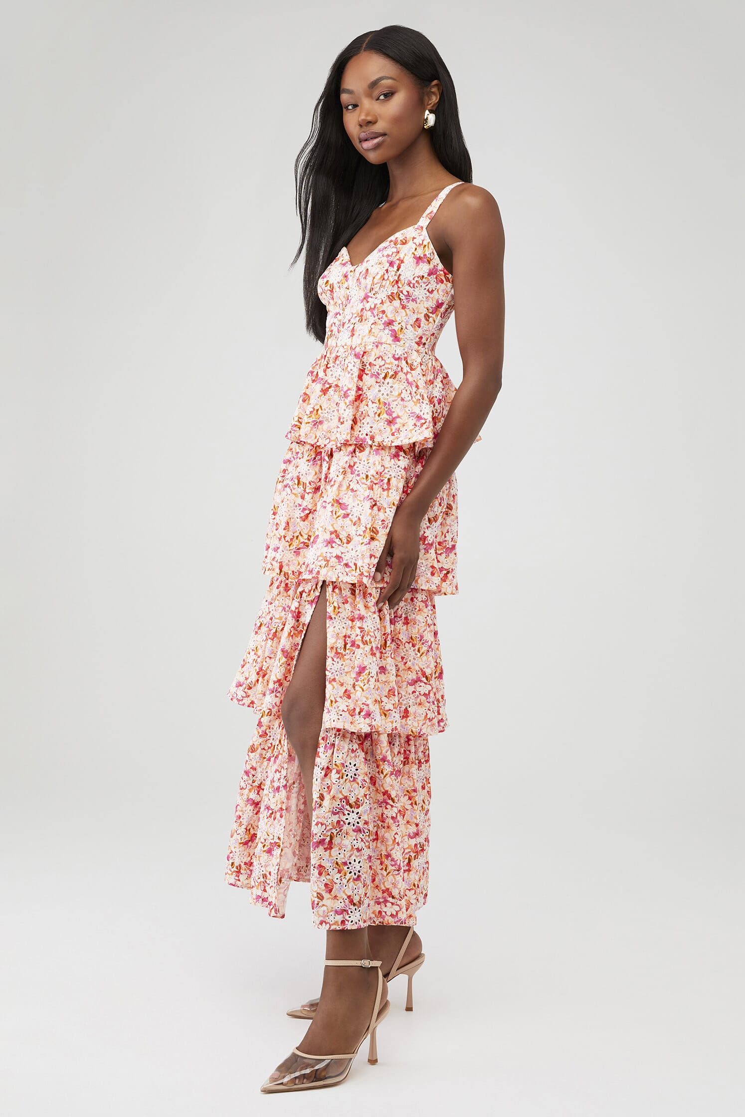 orange midi dress with sleeves Oddi Vibrant Floral Print Midi Dress Orange-Fuchsia S