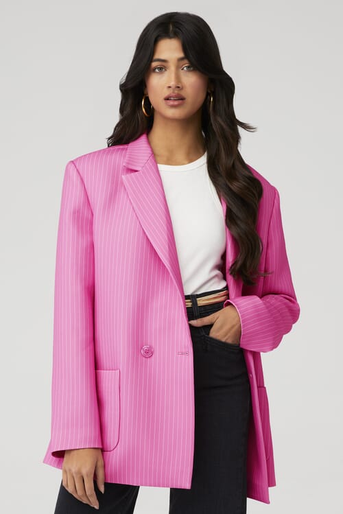 pink blazer white t shirt