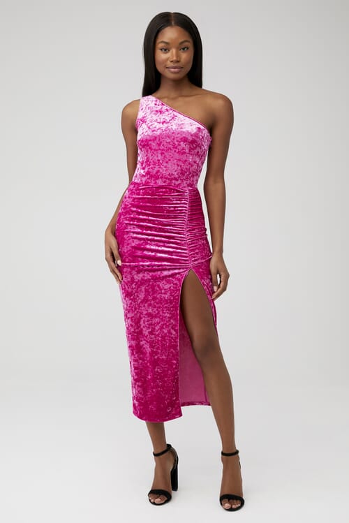 Saylor | Niama Velvet Midi Dress in Bubble Gum | FashionPass