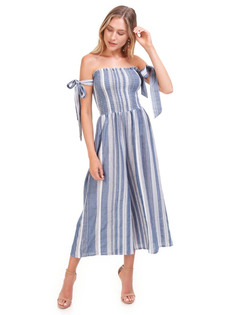 SURF GYPSY Off Shoulder Gaucho Jumpsuit in Navy/Ivory FashionPass