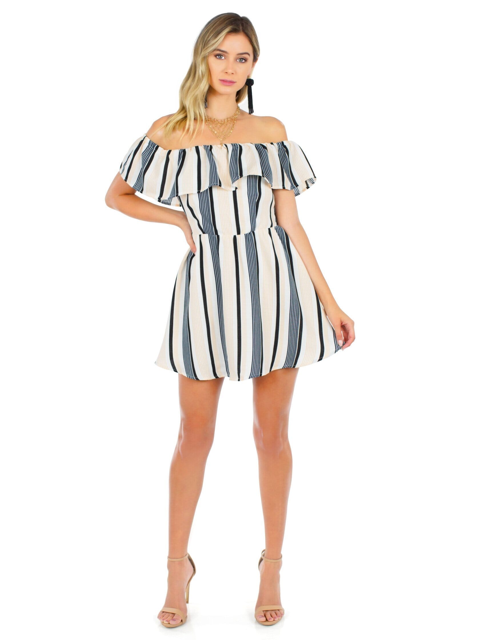 Lucca Couture Off Shoulder Ruffle Dress in Stripes