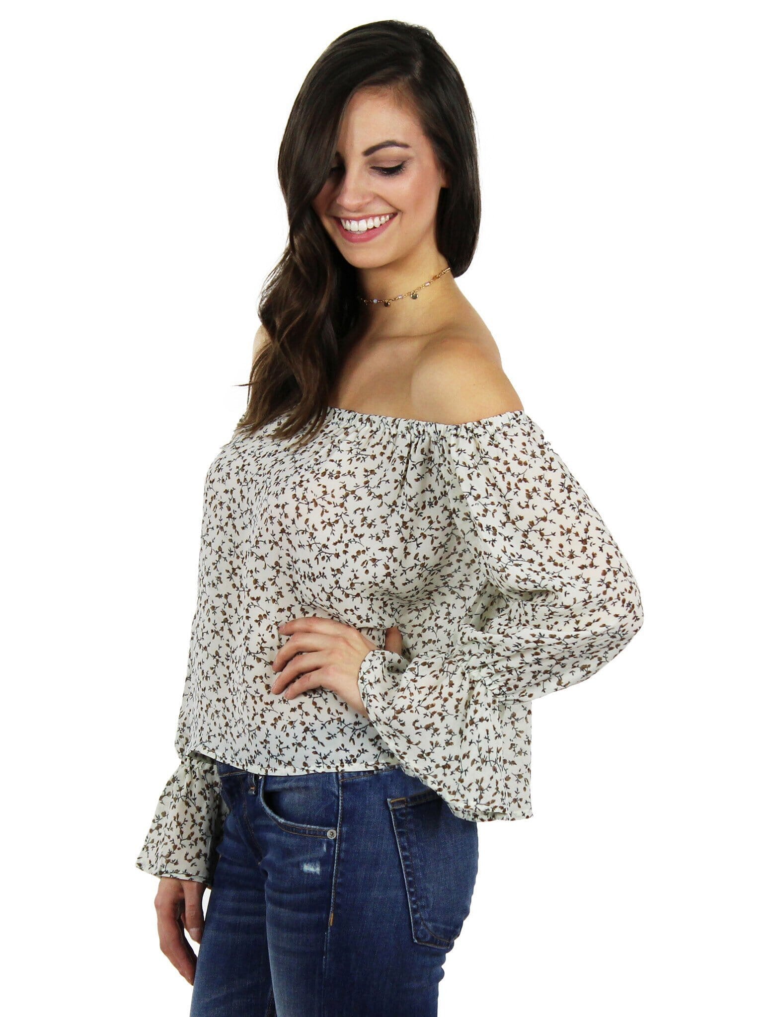 Lucca Couture Off Shoulder Ruffle Sleeve Top in Taupe