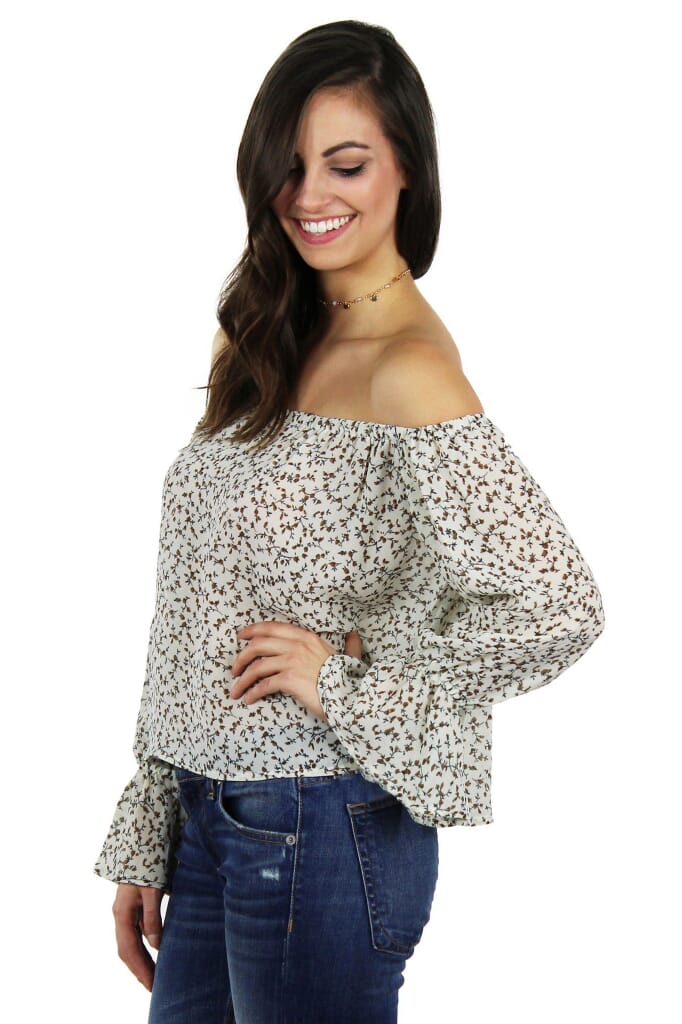 Lucca Couture Off Shoulder Ruffle Sleeve Top in Taupe