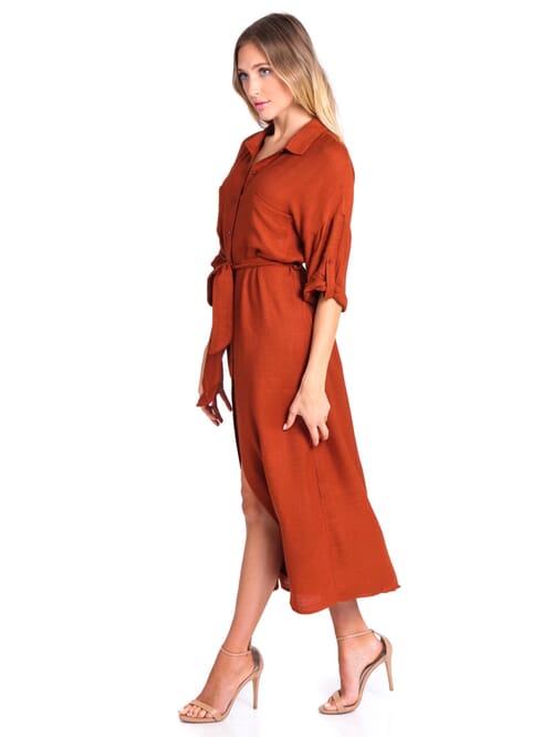 Lush | Olivia Button Down Shirt Dress in Rust | FashionPass