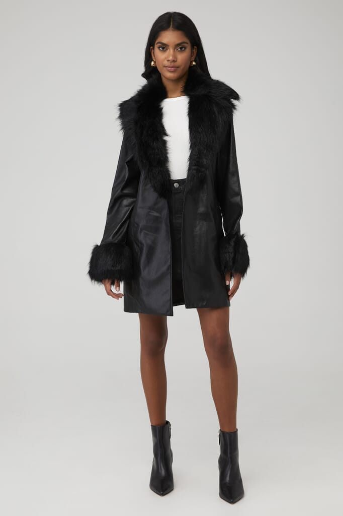 Penny Lane Coat, in Black Faux Leather with Faux Fur, Size: 2XL | Show Me Your Mumu