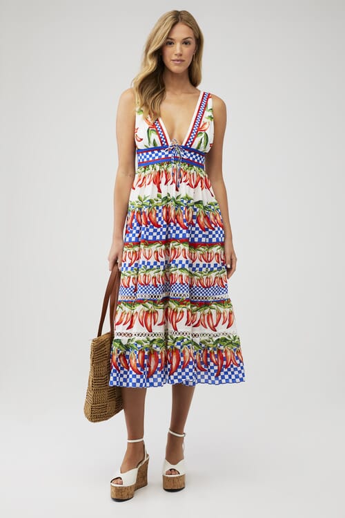 FARM RIO | Picnic Peppers Ainika Off-White Midi Dress in Picnic