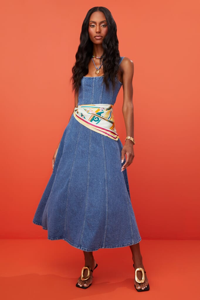 white christmas dresses Show Me Your Mumu Denim Side Cutout Back Tie Halter Dress- Size S – The  Saved Collection main image 0