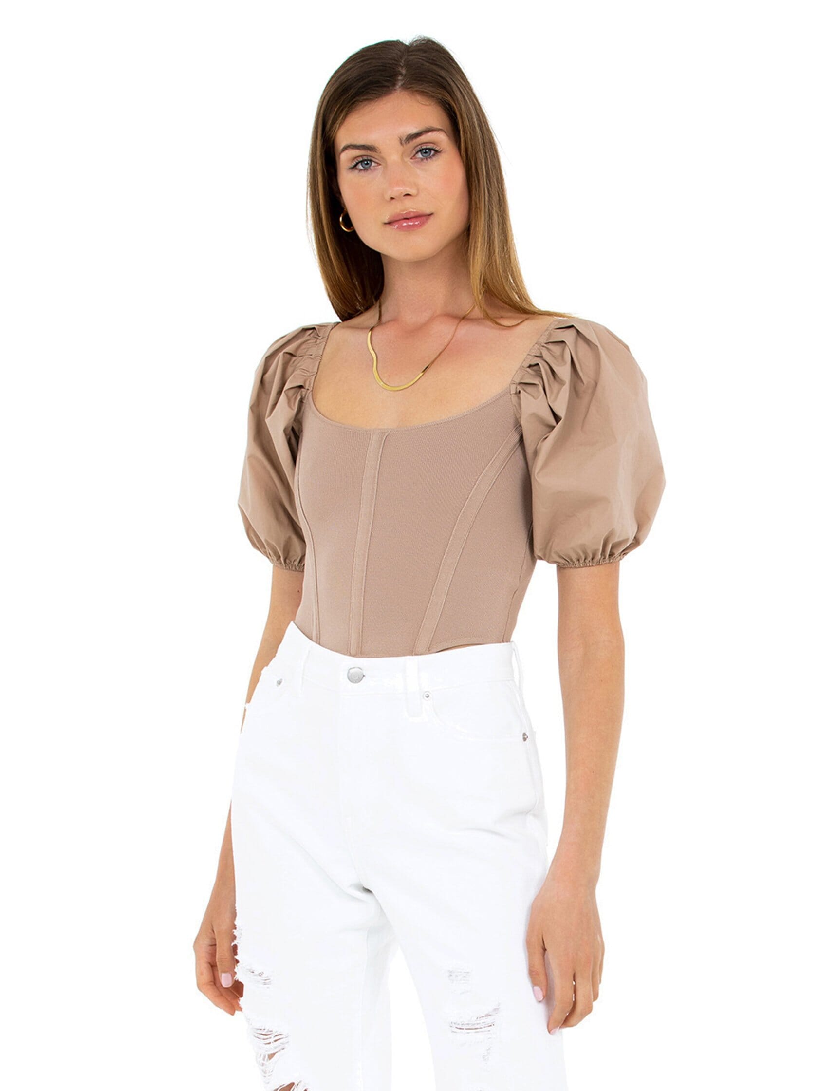 ASTR Puff Short Sleeve Top in Taupe FashionPass
