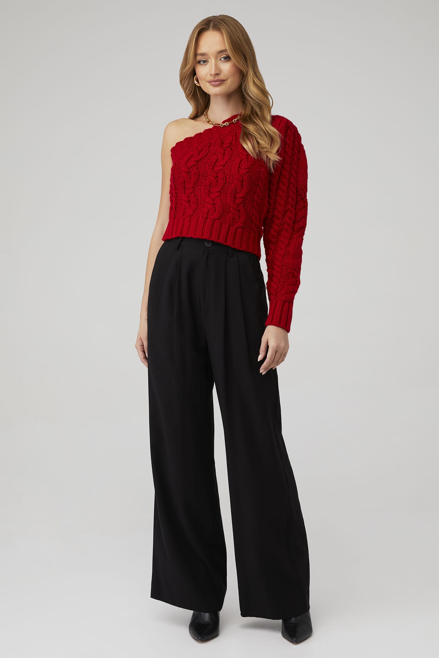 For Love & Lemons | Quinn One Shoulder Sweater in Red| FashionPass