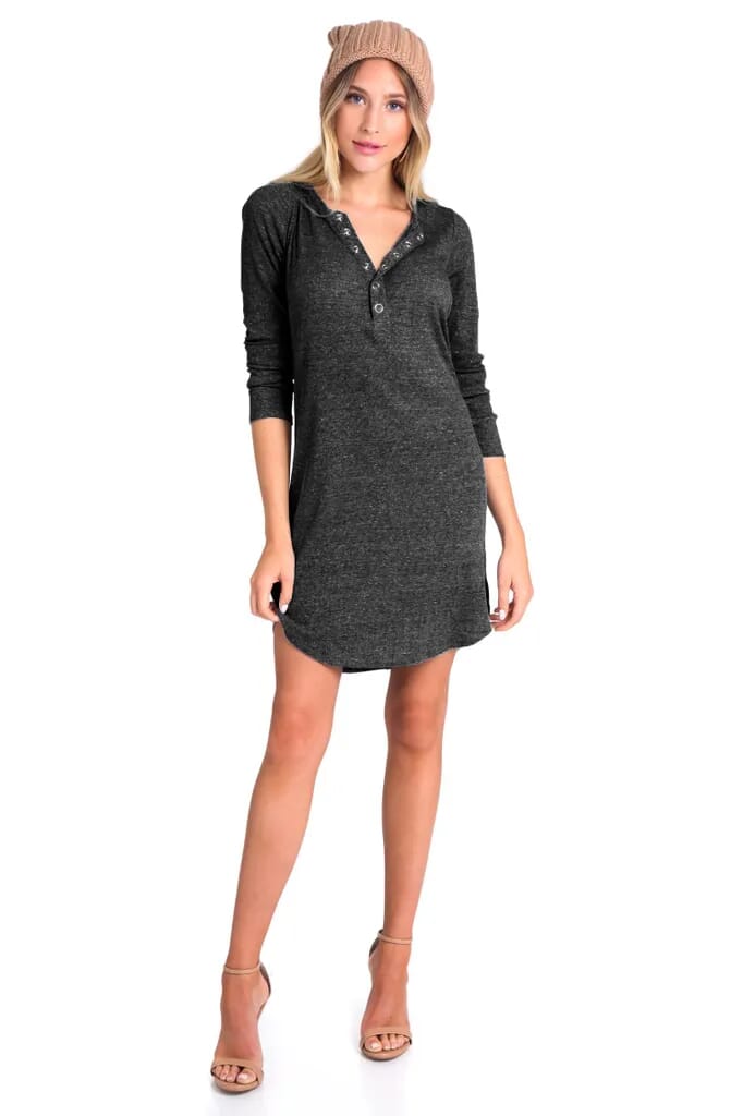 Chaser Rib Henley Shirttail Dress in Charcoal