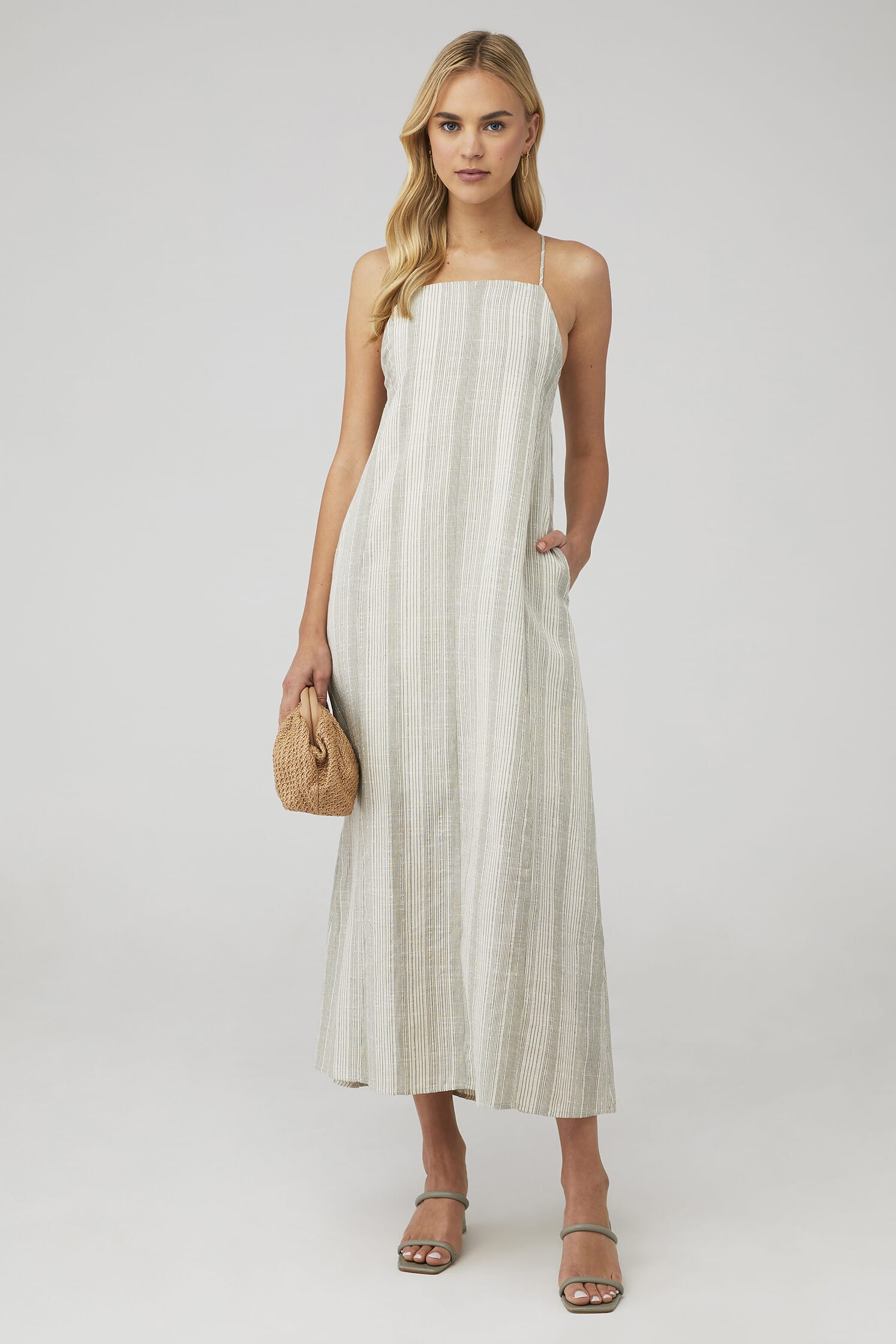 Sage the Label Roman Striped Midi Dress in Ivory Olive FashionPass