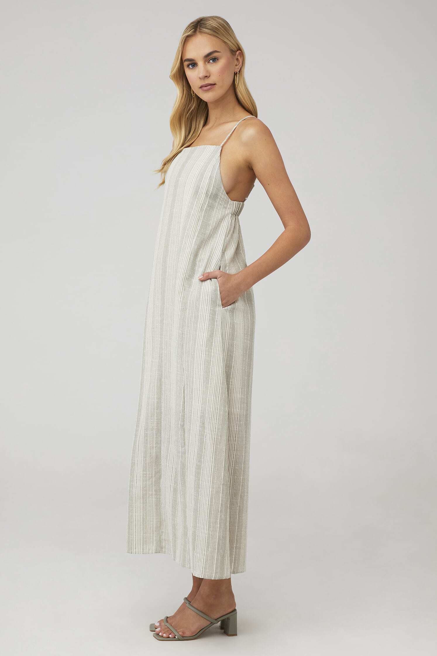 knee length dresses for ladies 100% Linen Striped Elastic-Waist Midi Dress Aria, Beige Stripe / L main image 1